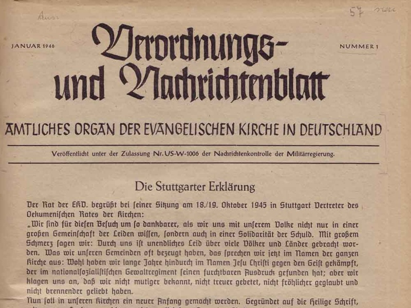 Verordnungs- und Nachrichtenblatt. Amtliches Organ der Evangelischen Kirche in Deutschland, Nr. 1, Januar 1946, S. 1. Archiv der BSB München. Gemeinfrei