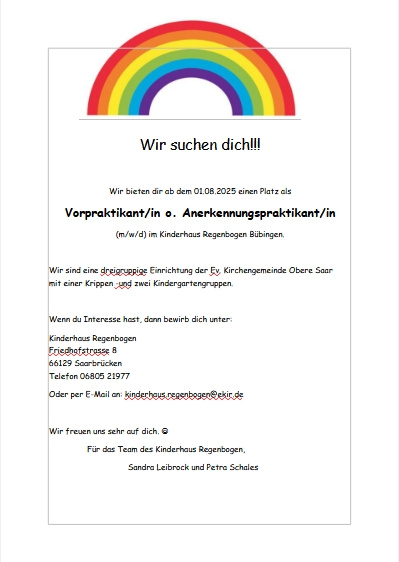 Das Kinderhaus Regenbogen sucht...