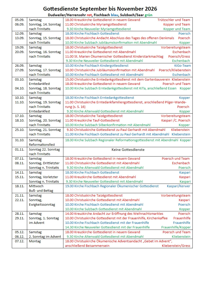 Gottesdienste September - November 2026