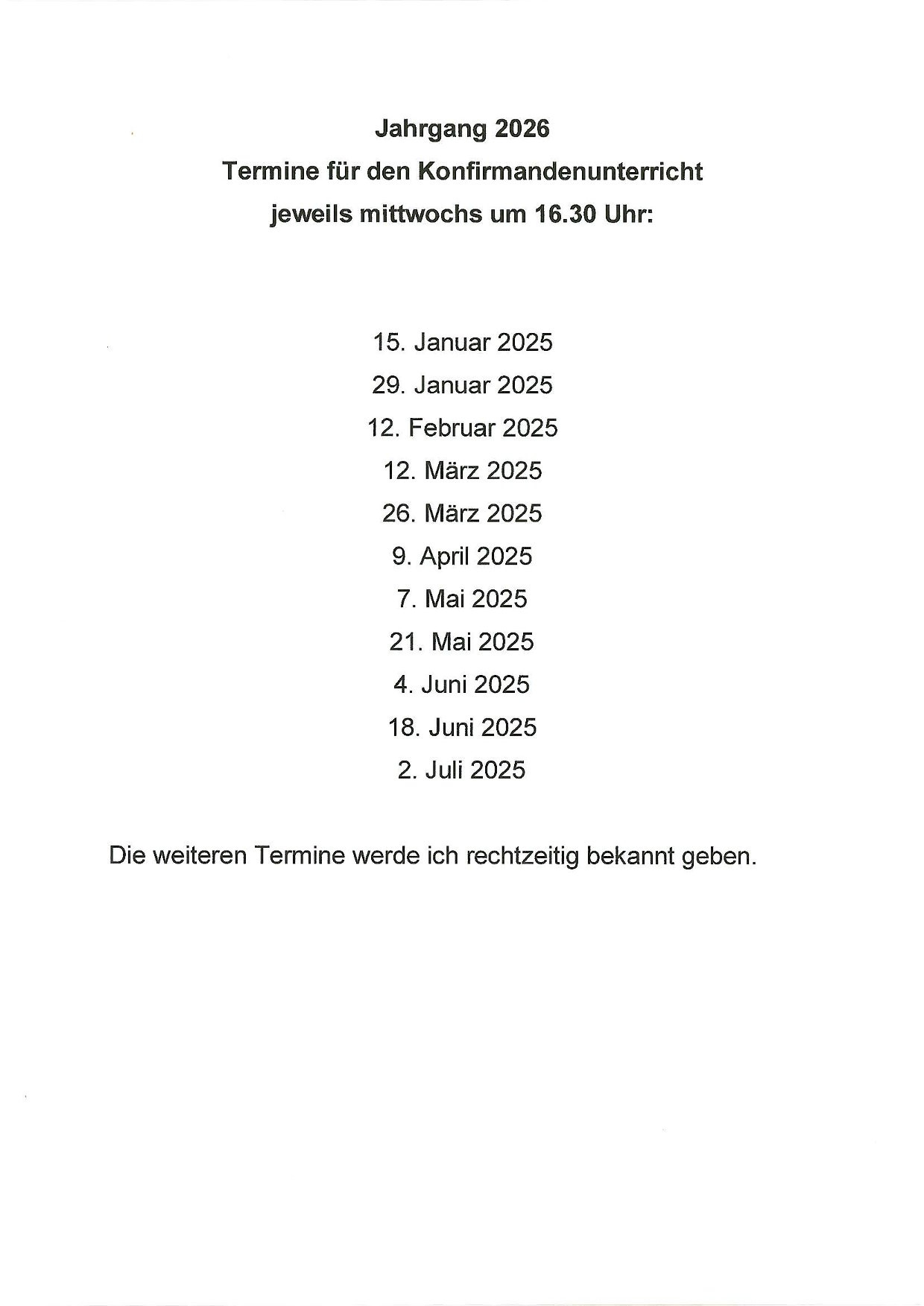 Termine für den Konfirmandenjahrgang 2026
